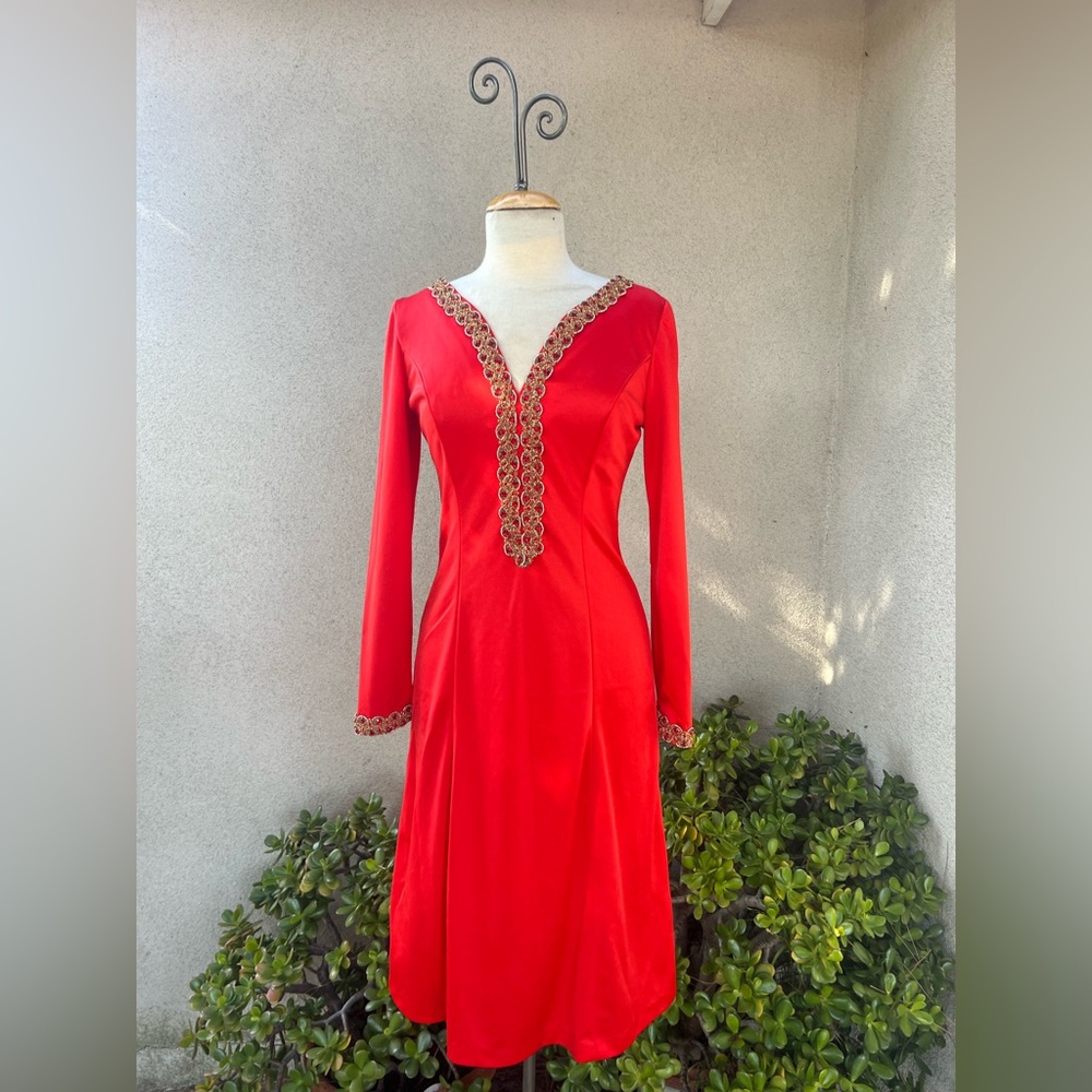 Vintage custom made orange jersey dress gold braided red rhinestones trim S/M